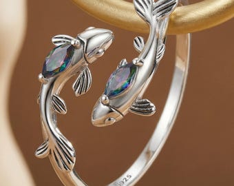 Pisces Ring | S925 Sterling Silver Zodiac Ring, Mystic Gemstone Fish Ring, Adjustable Vintage Ring, Unique Astrology Jewelry