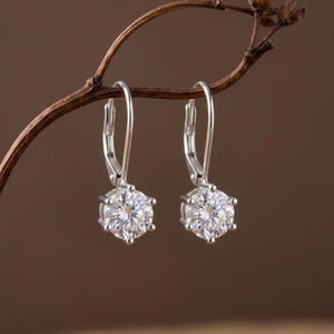 May include: A pair of silver-toned leverback earrings, each featuring a single round, faceted clear stone held in a six-prong setting. The earrings hang from a thin, curved brown branch, showcasing the metallic finish and the reflective quality of the stones.