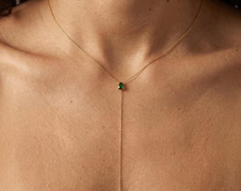 Lariat Y Necklace S925 Silver, Dainty Crystal Drop Pendant Necklace Gold, Emerald Gemstone Chain Necklace, Minimalist Layered Necklace