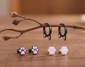 Cat Paw Earrings, S925 Sterling Silver Studs, Pink Kitten Earrings, Kawaii Animal Cat Lover Gift, Tiny Cute Screw Back Stud Earrings