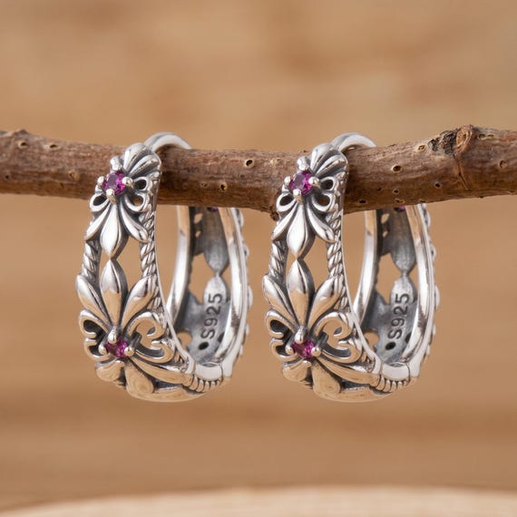 Vintage Iris Flower Hoop Earrings, S925 Sterling Silver Huggie Earrings, Gothic Filigree Crystal Hoops, Silver Hoop Earrings for Women