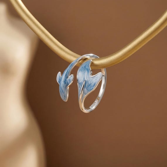 925 Sterling Silver Whale Tail Ring | Blue Enamel Ocean Ring | Adjustable Statement Ring | Unique Dainty Ring for Women