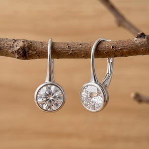 May include: A pair of silver-toned leverback earrings, each featuring a single round, clear, faceted stone set in a smooth, circular bezel. The earrings are suspended from a thin, textured brown branch, showcasing a polished metallic finish.