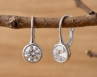 May include: A pair of silver-toned leverback earrings, each featuring a single round, clear, faceted stone set in a smooth, circular bezel. The earrings are suspended from a thin, textured brown branch, showcasing a polished metallic finish.