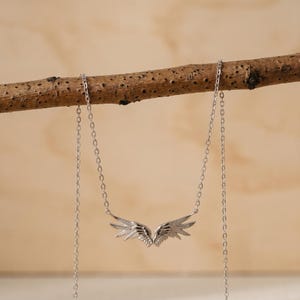 May include: A silver-colored necklace featuring a pair of detailed angel wings. The wings are the focal point, with intricate feather detailing. The necklace hangs from a delicate chain, displayed against a neutral background.