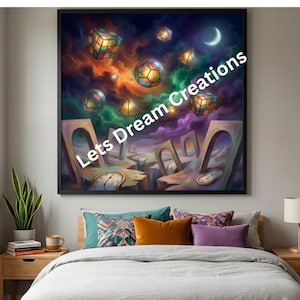 May include: A framed surrealist art print featuring floating geometric shapes, arches, and melting clocks against a vibrant, colorful sky. The artwork includes the text "Lets Dream Creations". The print is displayed above a bed with colorful pillows.
