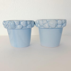 May include: Two light blue ceramic flower pots. The rims are decorated with seashell designs. The pots are cylindrical with a slightly flared top. The background is a plain white surface.
