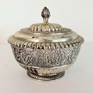F.B. Rogers Silverplate Candy Dish, Footed Floral Repoussé Trinket Box, Tarnish Resistant