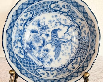 Vintage Japanische Blau Weiße Porzellanschale: Vogel Blumen Imari Stil Chinoiserie Dekor