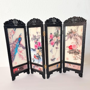 Chinese Folding Screen Miniature Tabletop Divider Double Sided Peacock Bird Floral Art Chinoiserie Decor