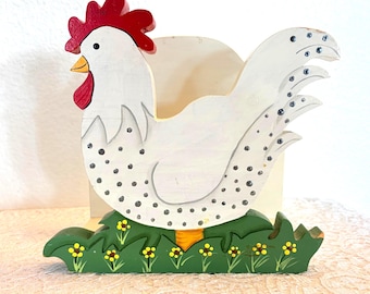 Vintage Hand-Painted Wooden Chicken Napkin Holder: Farmhouse Kitchen Decor