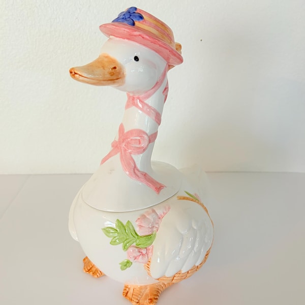 Vintage Ceramic Goose Cookie Jar: Pink Bonnet, Floral Basket, Country Cottage Decor