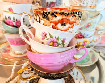 Vintage Mismatched Teacup Set Whimsical Alice in Wonderland Tea Party Bridal Shower Cottagecore Decor