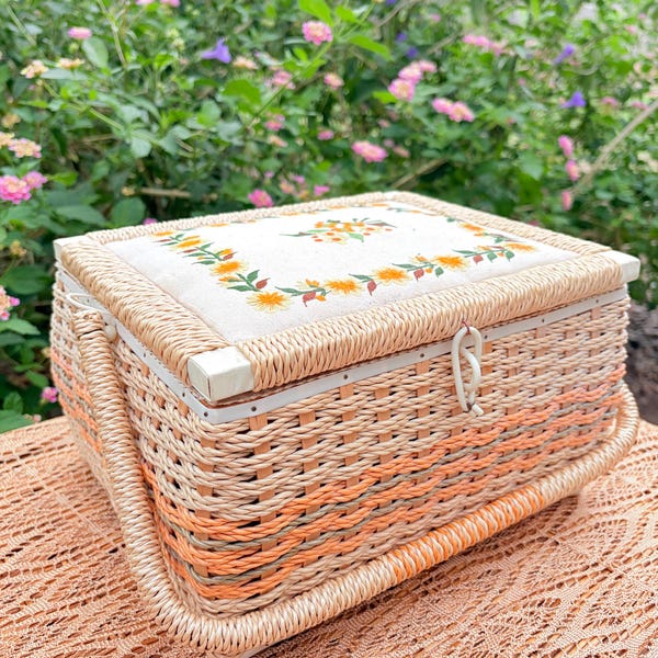 Vintage gesticktes Weiden-Nähkästchen mit Blumenmuster, JCPenney Notions Korb, hergestellt in Japan