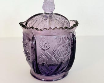 Fenton Amethyst Glass Covered Jar – Inverted Thistle Candy Dish, 1980s Collectible