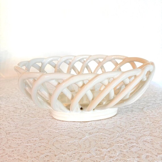 Vintage White Ceramic Open Lattice Bowl, Sculptural Centerpiece, MCM Fruit Bowl