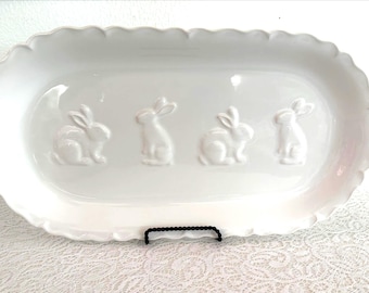 1990s Ceriart Portugal Bunny Serving Platter White Embossed Rabbit Tray Easter Farmhouse Decor