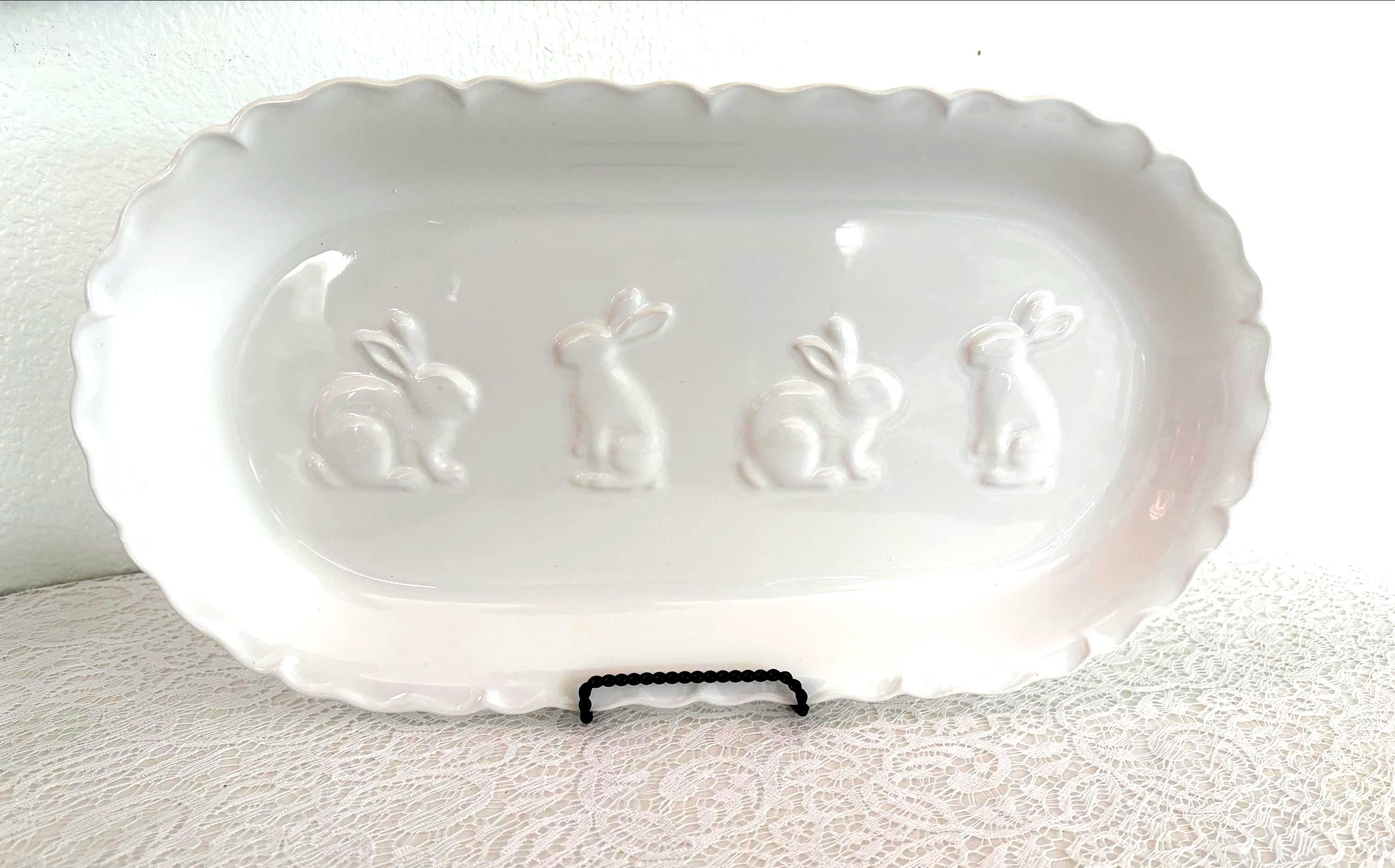 1990s Ceriart Portugal Bunny Serving Platter White Embossed Rabbit Tray ...
