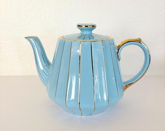 Vintage Sadler Teapot, Powder Blue Gold Trim, English Tea Service, Cottagecore Decor
