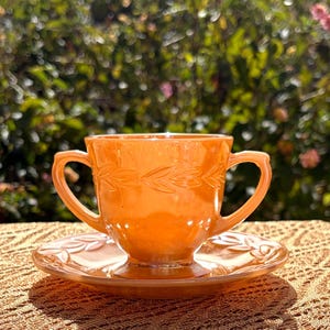 Vintage Fire-King Peach Lustre Cup and Saucer, Laurel Pattern Glassware