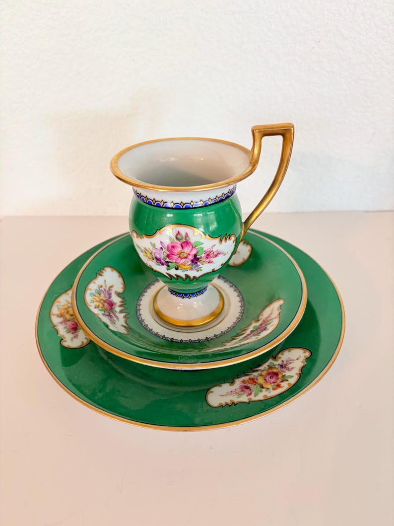 Antique Bavaria Porcelain Trio: Green Floral Cup, Saucer, Plate (1920s ...