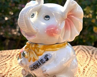 Vintage Ceramic Mini Elephant Cookie Jar: Lucky Trunk Kitchen Storage