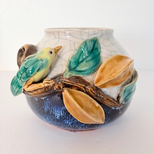 Jardinière vintage en forme d'oiseau en céramique : cache-pot émaillé craquelé avec décor Woodland Cottagecore