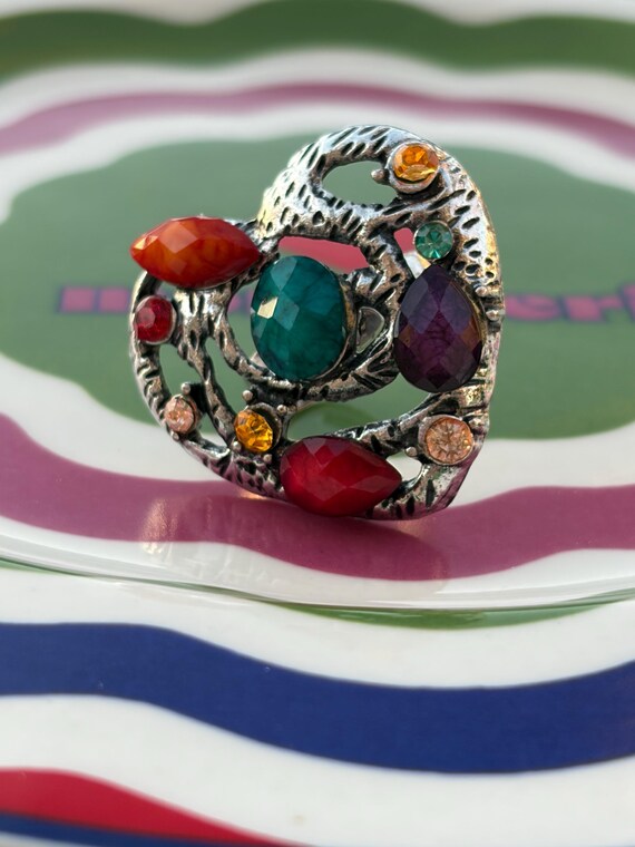Vintage Heart Statement Ring Adjustable Silver To… - image 5