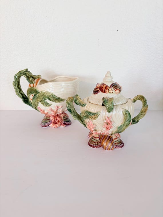 Fitz and Floyd Oceana Seashell Sugar Bowl Creamer Set, Coastal