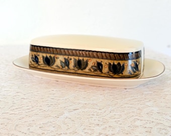 Vintage Mikasa Intaglio Arabella Butter Dish with Lid | Navy Floral Stoneware