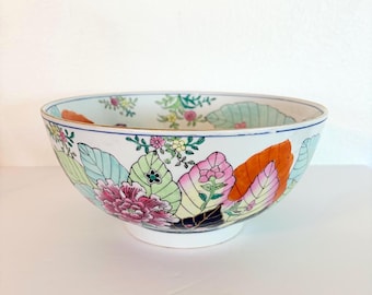 Vintage Chinoiserie Porcelain Bowl: Hand-Painted Floral Botanical Centerpiece