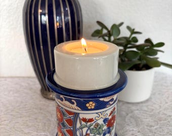 Vintage Imari Style Candle Holder Blue Red Ceramic Votive Decor