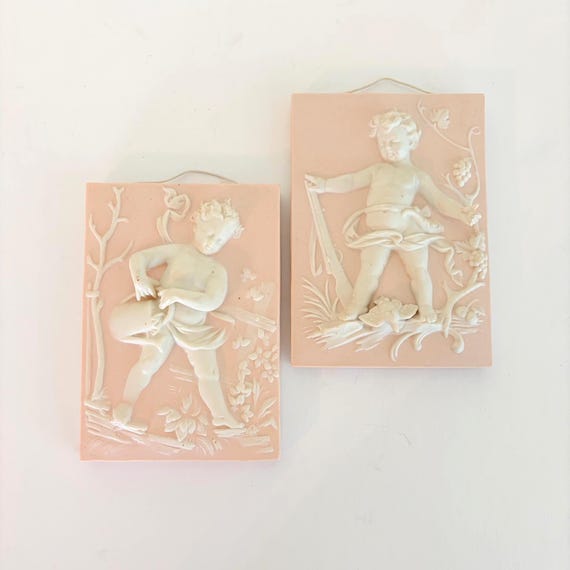 Vintage Arnart Japan Cherub Wall Plaques Set, Pink Bisque Putti Relief Art
