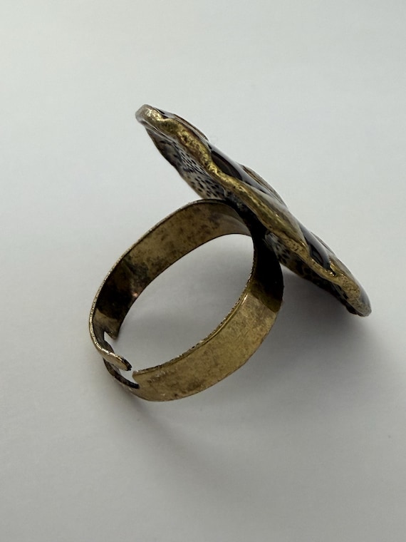 Vintage Brass Statement Ring Adjustable Brown Res… - image 4