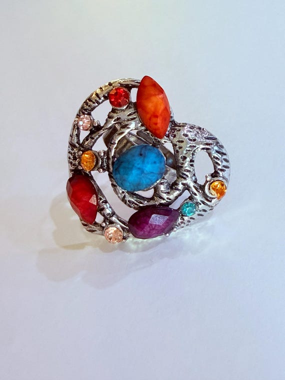 Vintage Heart Statement Ring Adjustable Silver To… - image 1