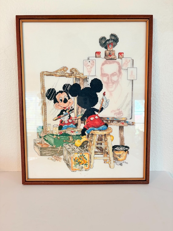 Vintage Mickey Mouse Cross Stitch Art – Rockwell Parody Disneyana
