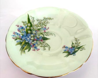 Vintage Clarance Bone China Saucer: Green Floral Lily of the Valley Saucer