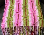 Handmade Crochet Throw Blanket: Pink, Green, Brown Striped Afghan, Boho Sofa Decor