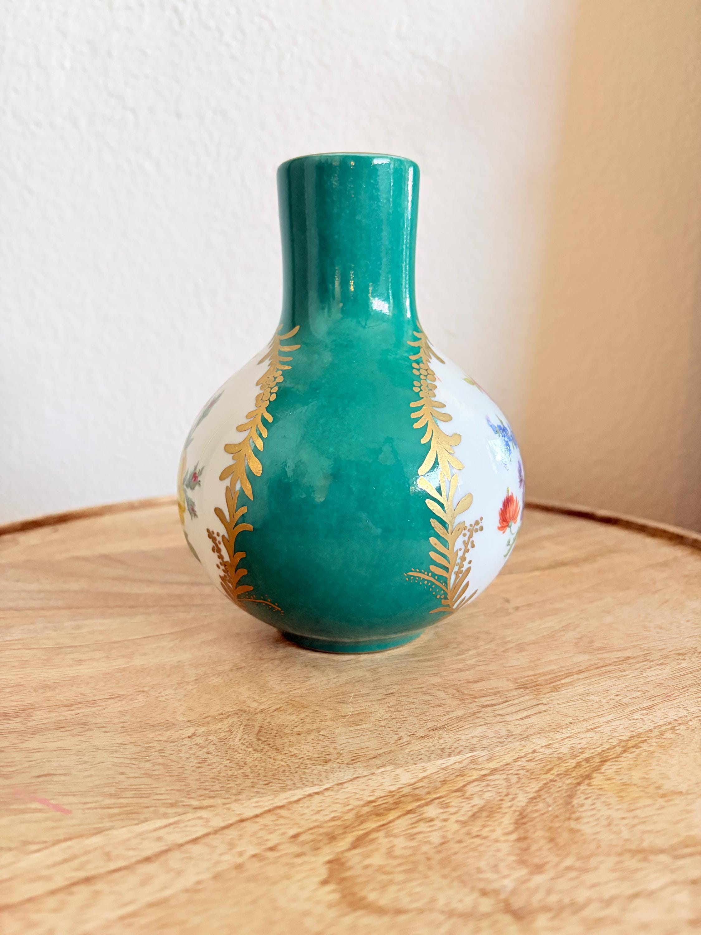 Vintage Hand Painted Porcelain Bud Vase: Floral, Green, Gold Gilt ...