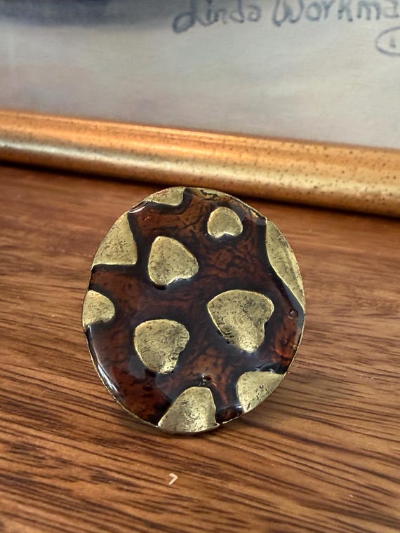 Vintage Brass Statement Ring Adjustable Brown Res… - image 7