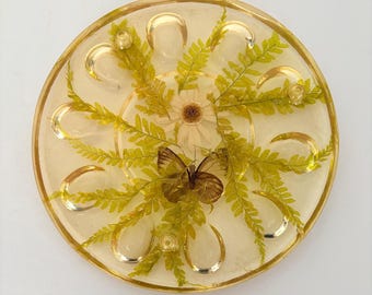 Bandeja vintage de Lucite para huevos rellenos con flores prensadas y mariposa – Plato de servir de mediados de siglo