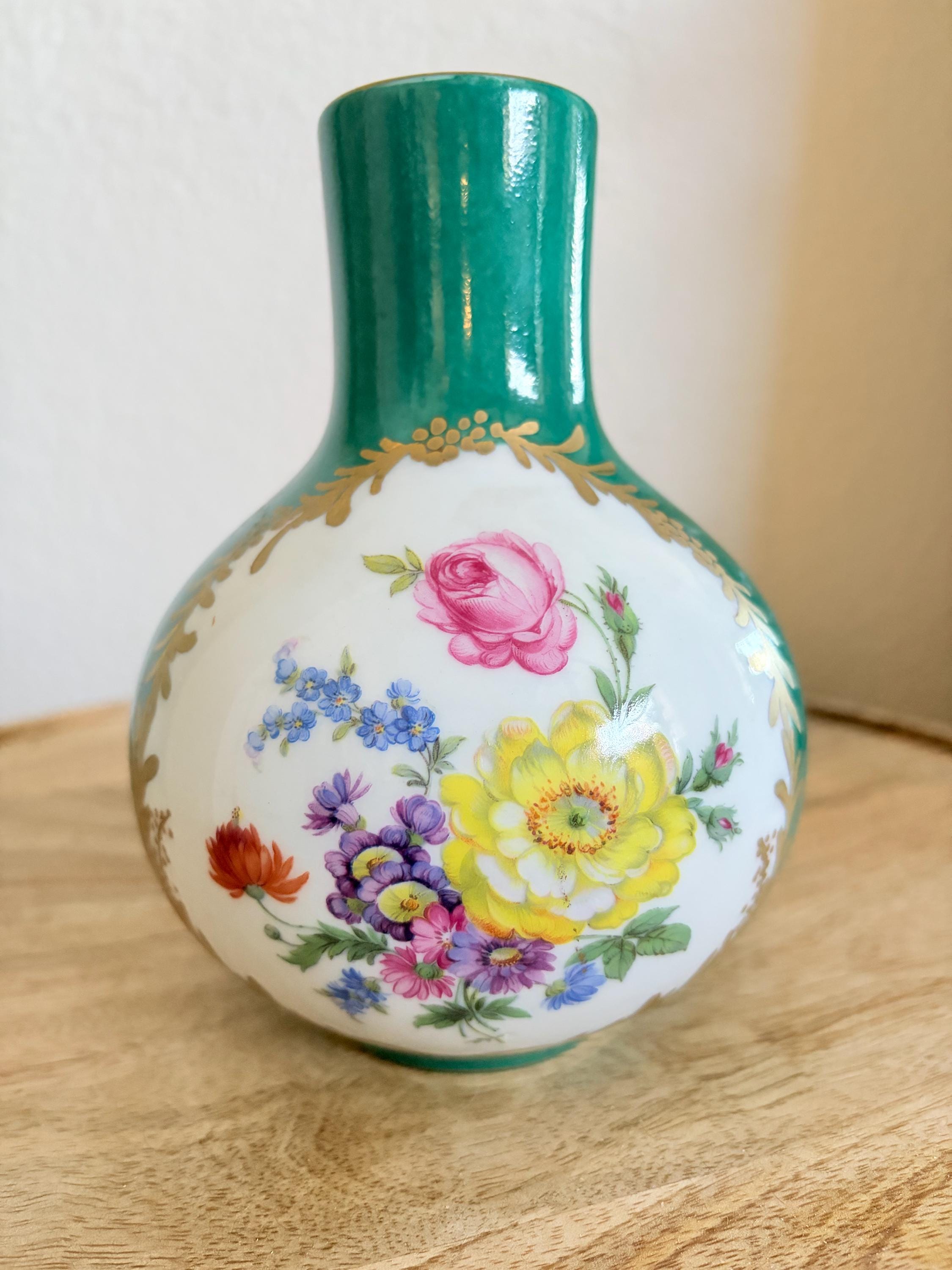 Vintage Hand Painted Porcelain Bud Vase: Floral, Green, Gold Gilt ...