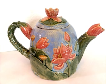 Vintage Majolica Style Teapot | Floral Lotus Ceramic Tea Pot Cottagecore Decor