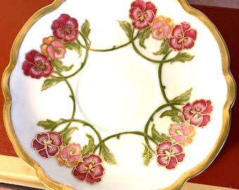 Antique Austrian Pansy Porcelain Saucer: Hand-Painted Floral Art Nouveau Gold Gilt