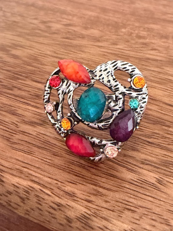 Vintage Heart Statement Ring Adjustable Silver To… - image 1