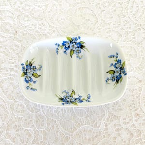 Vintage German Porcelain Soap Dish Blue Floral Bathroom Decor Cottagecore Vanity Tray