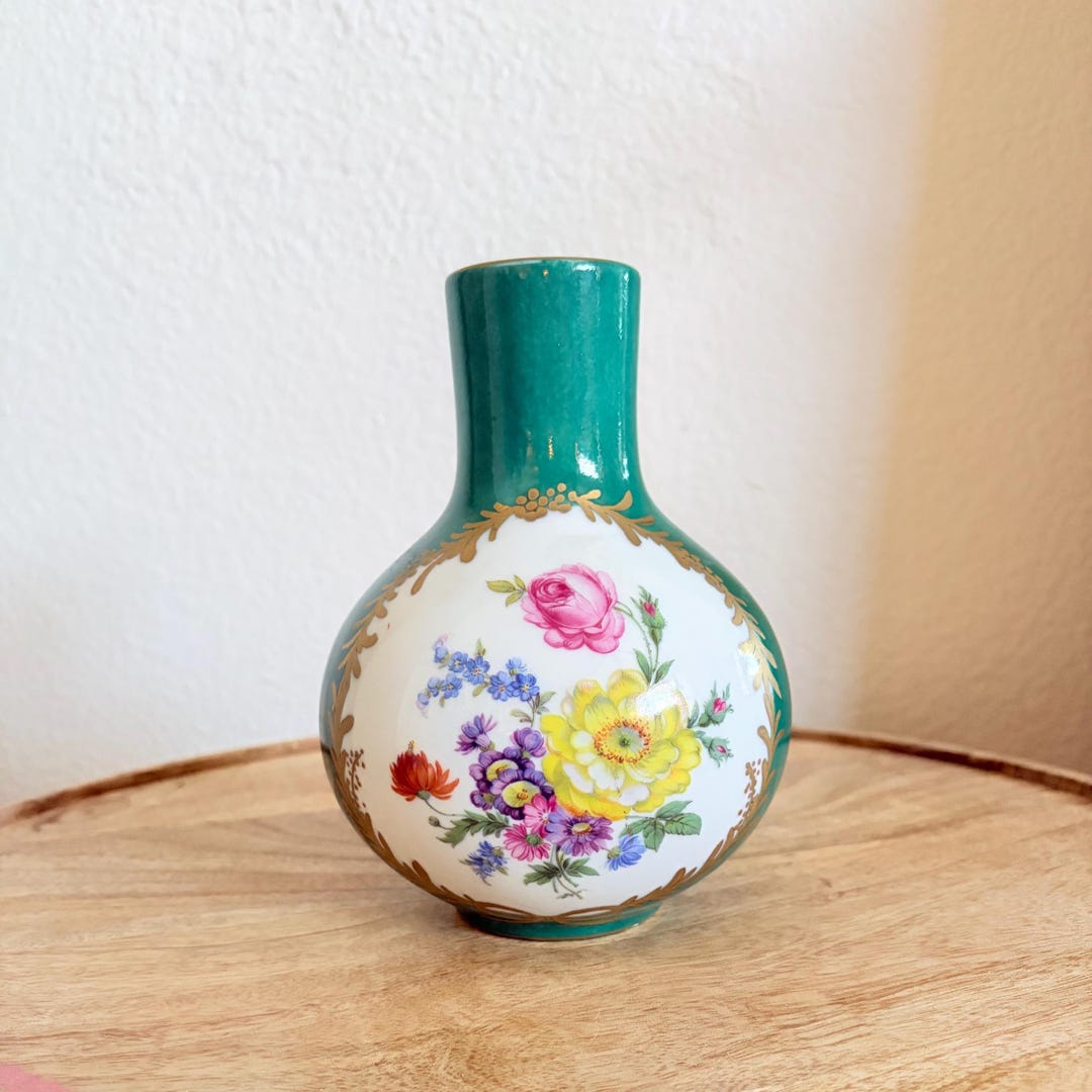 Vintage Hand Painted Porcelain Bud Vase: Floral, Green, Gold Gilt ...
