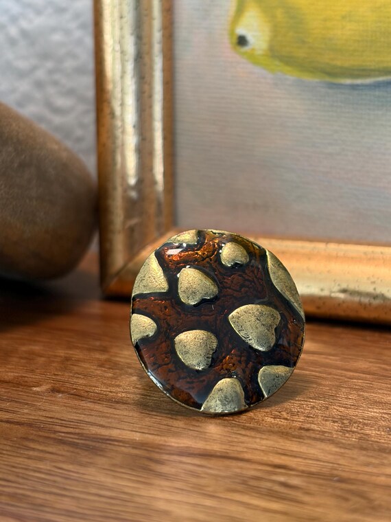 Vintage Brass Statement Ring Adjustable Brown Res… - image 9