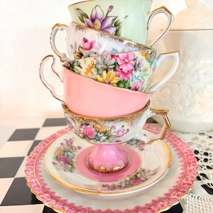 Vintage Mismatched Teacup Set Whimsical Alice in Wonderland Tea Party China Bridal Shower Cottagecore Decor