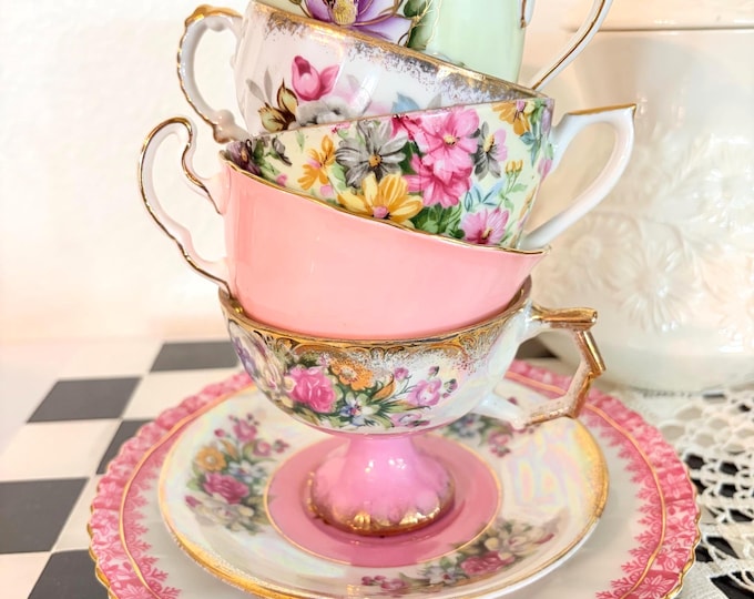 Vintage Mismatched Teacup Set Whimsical Alice in Wonderland Tea Party China Bridal Shower Cottagecore Decor